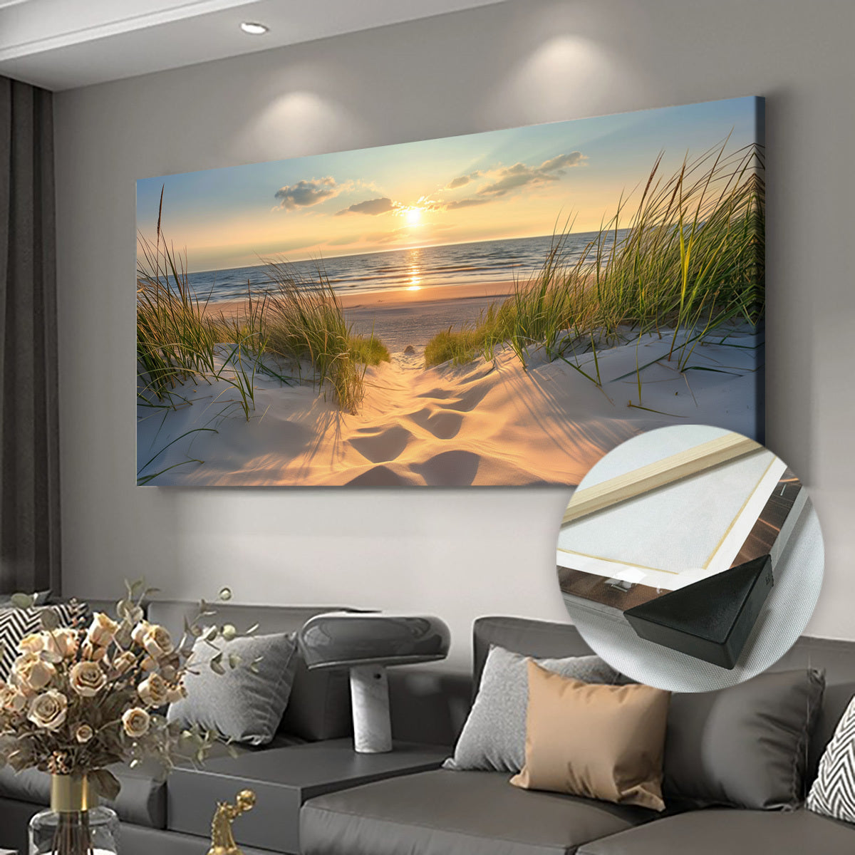 [2D Flat] 1pc Wooden Framed Canvas, Art Style, Beach View, Art for Home Decoration, Pattern Wall Art Decor, Halloween Christmas Gift, for Living Room, Bedroom, Office, Restaurant, Bar Wall Decor, Waterproof, Odorless, Paintin