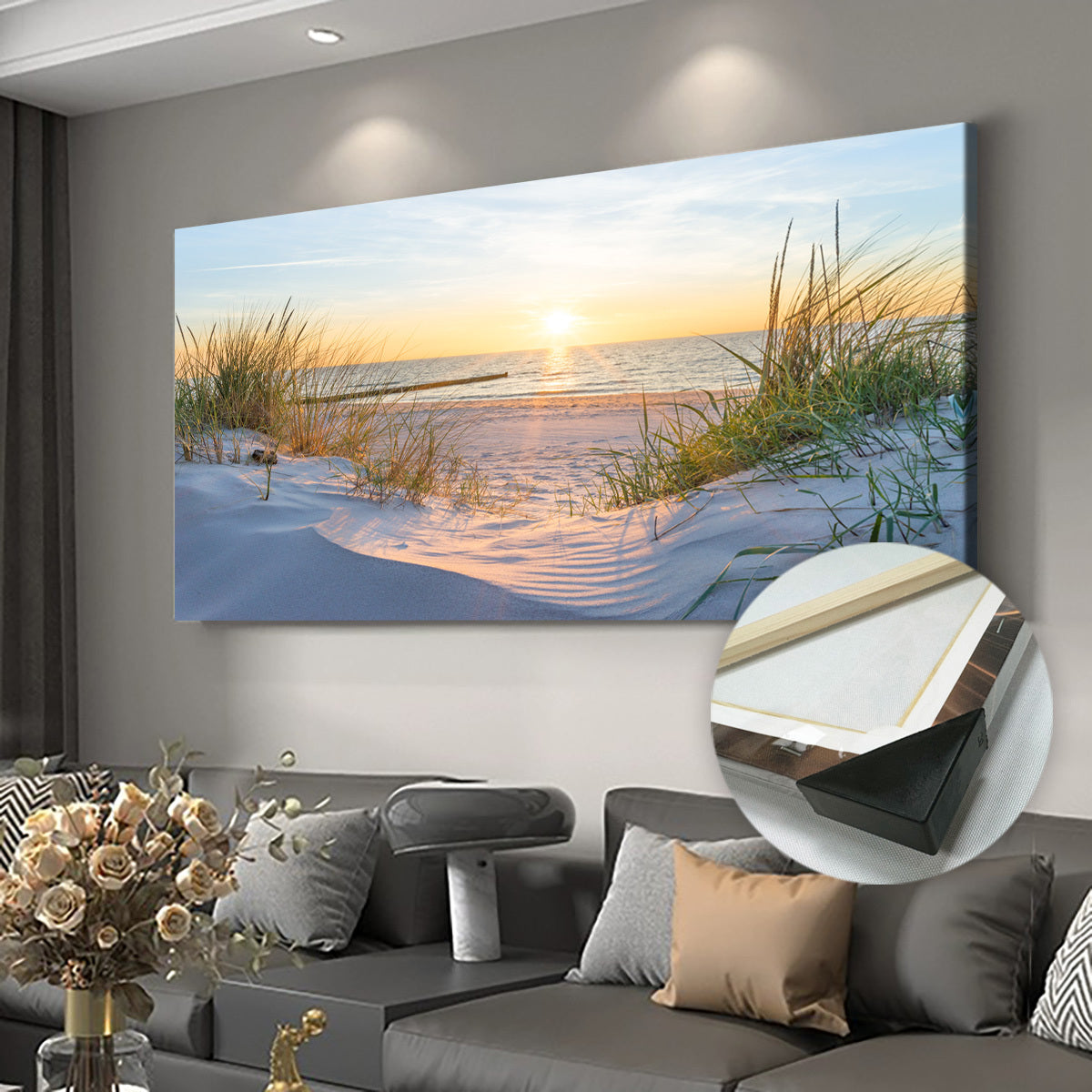 [2D Flat] 1pc Wooden Framed Canvas, Art Style, Beach View, Art for Home Decoration, Pattern Wall Art Decor, Halloween Christmas Gift, for Living Room, Bedroom, Office, Restaurant, Bar Wall Decor, Waterproof, Odorless, Paintin