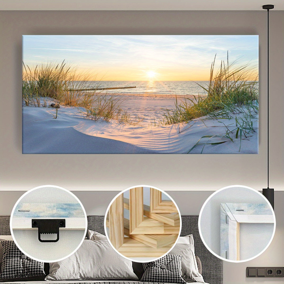 [2D Flat] 1pc Wooden Framed Canvas, Art Style, Beach View, Art for Home Decoration, Pattern Wall Art Decor, Halloween Christmas Gift, for Living Room, Bedroom, Office, Restaurant, Bar Wall Decor, Waterproof, Odorless, Paintin