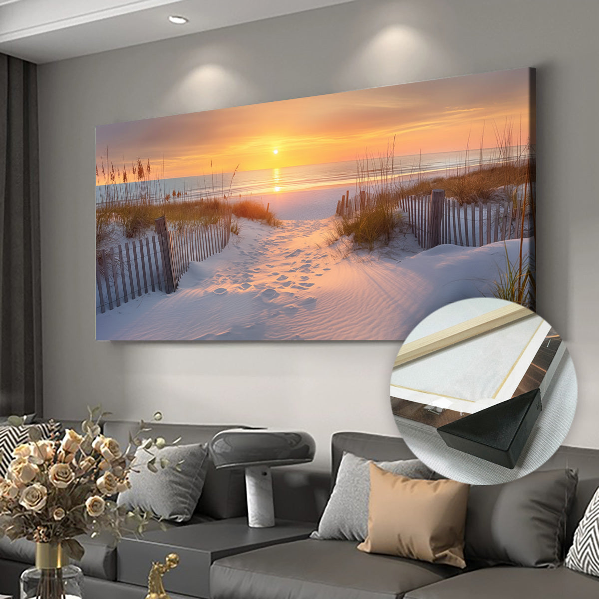 [2D Flat] 1pc Wooden Framed Canvas, Art Style, Beach View, Art for Home Decoration, Pattern Wall Art Decor, Halloween Christmas Gift, for Living Room, Bedroom, Office, Restaurant, Bar Wall Decor, Waterproof, Odorless, Paintin