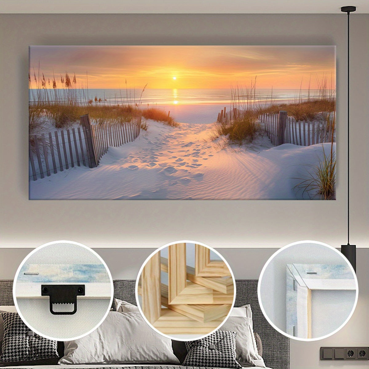 [2D Flat] 1pc Wooden Framed Canvas, Art Style, Beach View, Art for Home Decoration, Pattern Wall Art Decor, Halloween Christmas Gift, for Living Room, Bedroom, Office, Restaurant, Bar Wall Decor, Waterproof, Odorless, Paintin