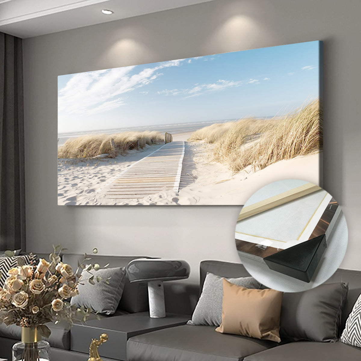[2D Flat] 1pc Wooden Framed Canvas, Art Style, Beach View, Art for Home Decoration, Pattern Wall Art Decor, Halloween Christmas Gift, for Living Room, Bedroom, Office, Restaurant, Bar Wall Decor, Waterproof, Odorless, Paintin