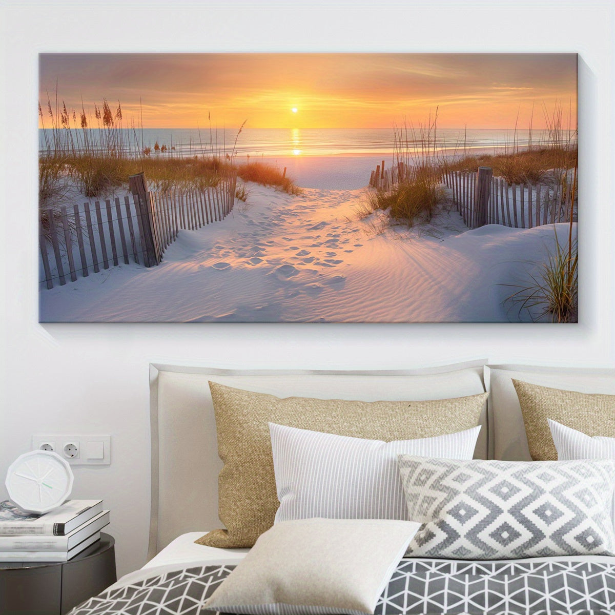 [2D Flat] 1pc Wooden Framed Canvas, Art Style, Beach View, Art for Home Decoration, Pattern Wall Art Decor, Halloween Christmas Gift, for Living Room, Bedroom, Office, Restaurant, Bar Wall Decor, Waterproof, Odorless, Paintin