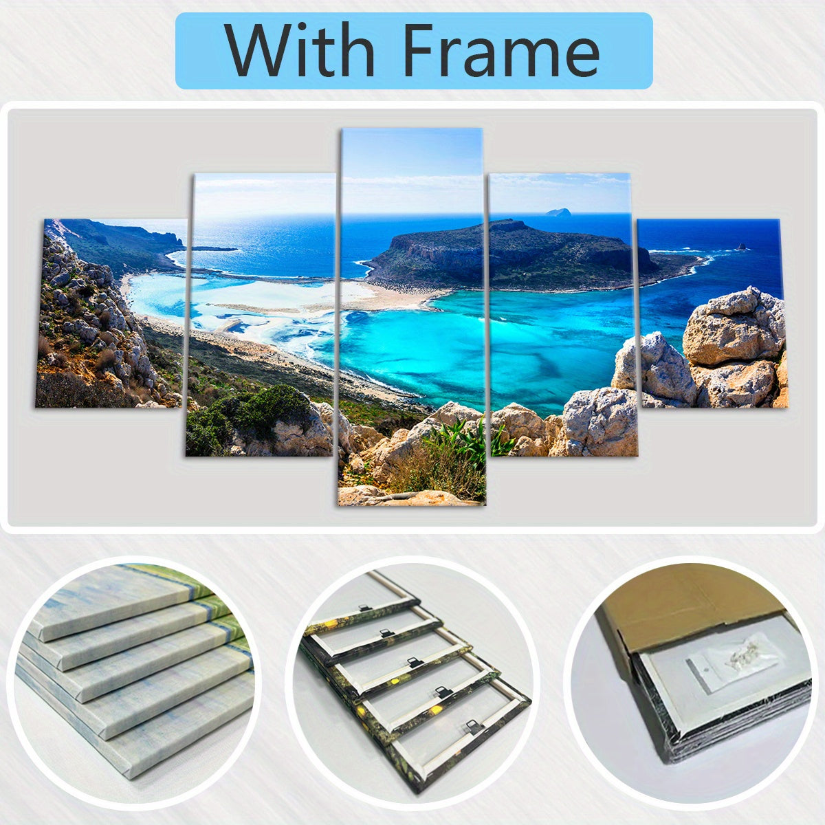 5pcs Classic Landscape Coastal View Canvas Wall Art Set, Wood Framed, Wrapped Canvas, Waterproof, Odorless, with Artwork for Home, Living Room, Bedroom, Office, Restaurant, Bar Decor