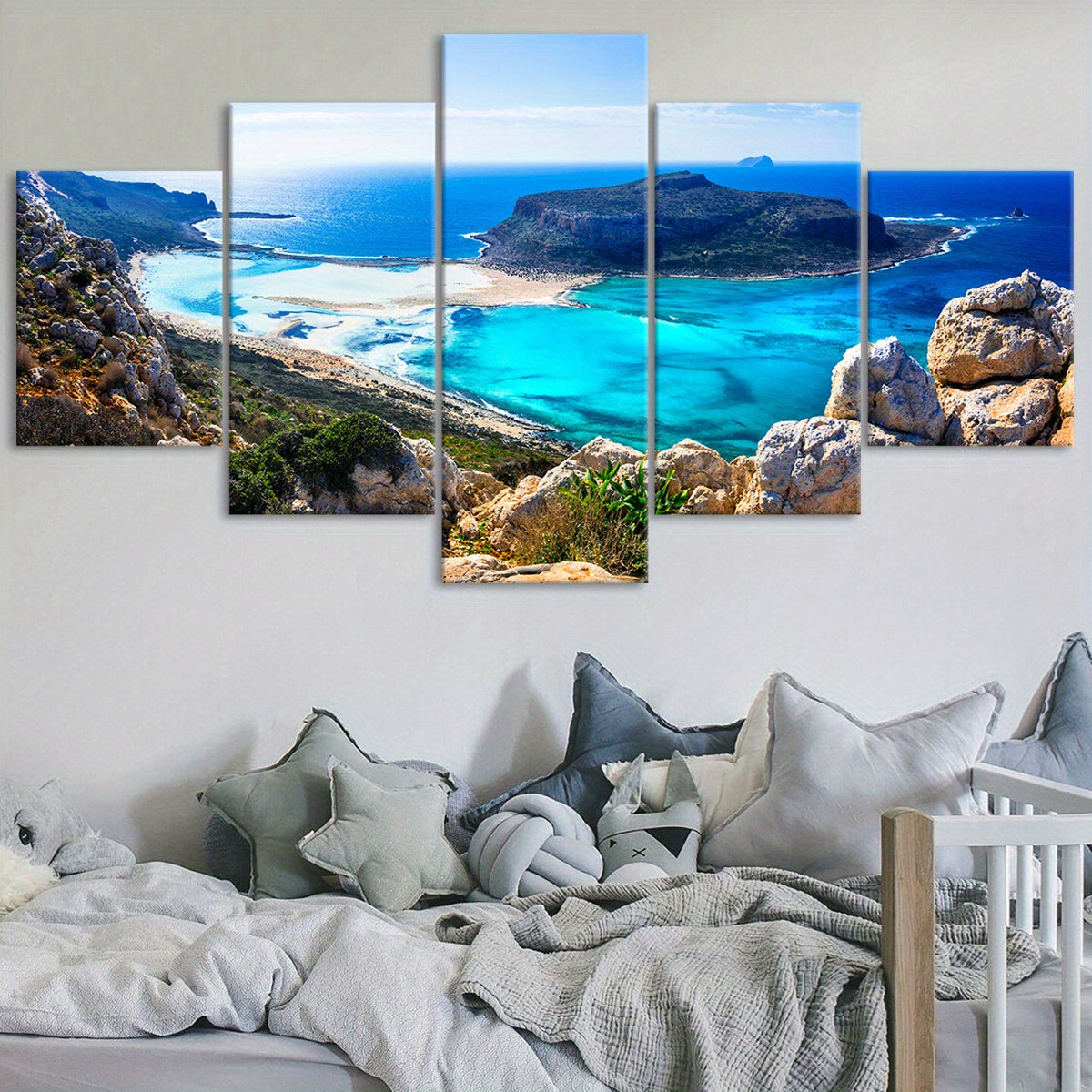 5pcs Classic Landscape Coastal View Canvas Wall Art Set, Wood Framed, Wrapped Canvas, Waterproof, Odorless, with Artwork for Home, Living Room, Bedroom, Office, Restaurant, Bar Decor