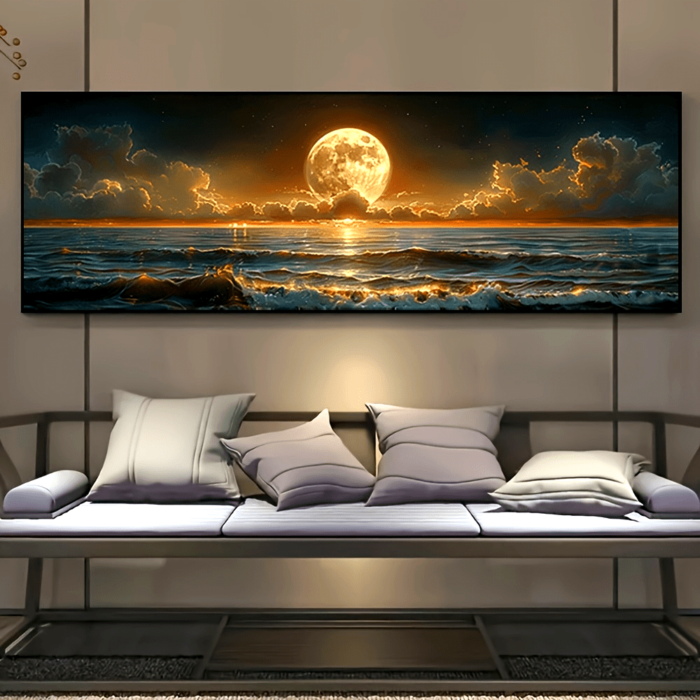 1pc Moonlight Sea View Canvas Poster - Frameless, Nostalgic Farmhouse Style Wall Art, Vibrant Ocean & Full Moon Print, Perfect for Kitchen, Home Office, Bathroom, Living Room, Bedroom - Indoor & Outdoor Decor, Coastal Home De