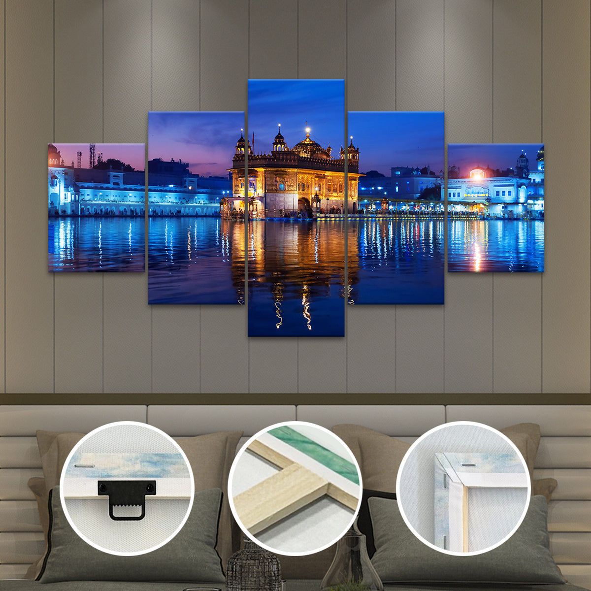 5pcs Wooden Framed Famous Architectural Scenery India Amritsar Golden Temple Canvas, Fashion Poster, Art for Home Decoration, Pattern Wall Art Decor, for Living Room, Bedroom, Office, Restaurant, Bar Wall Decor, Waterproof, P