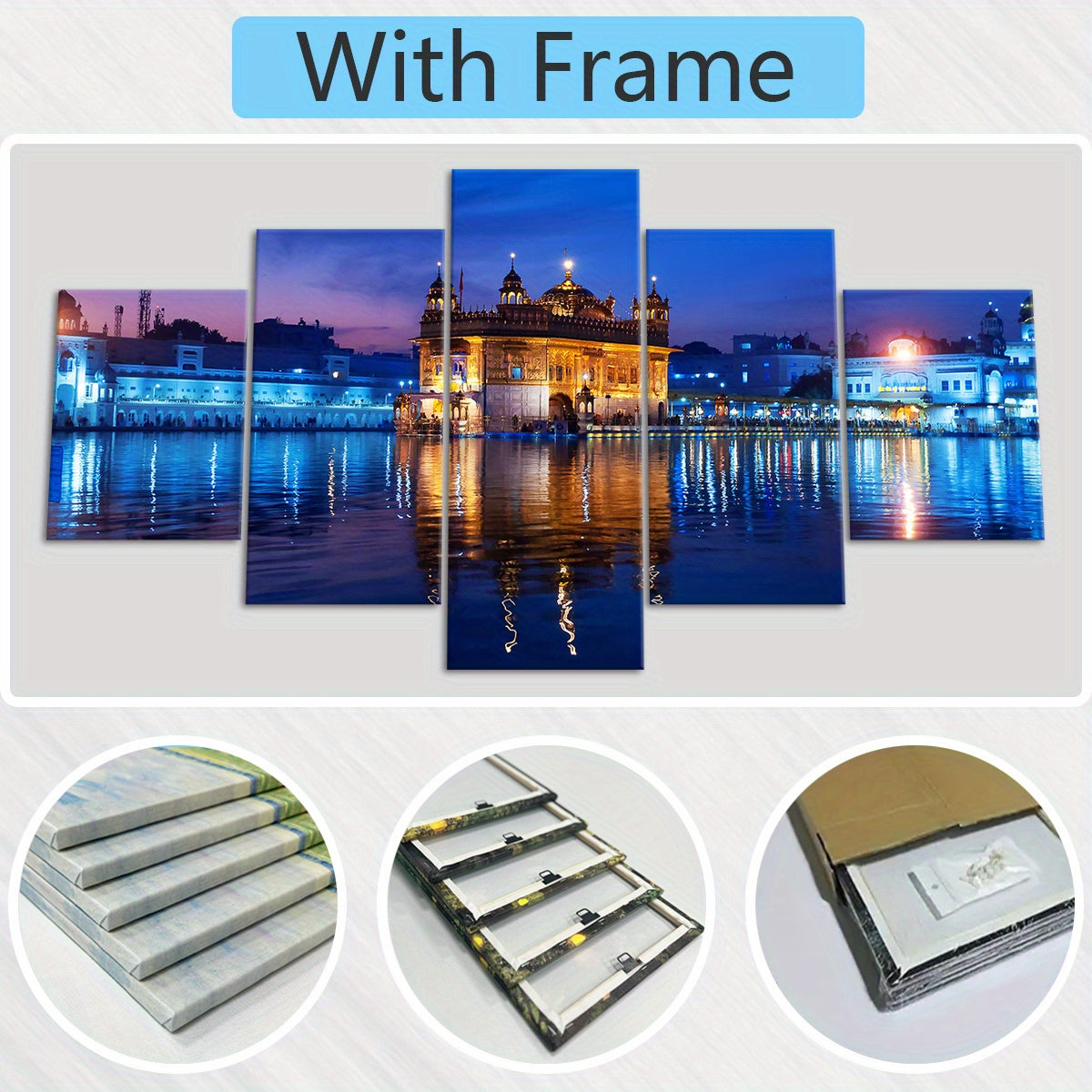 5pcs Wooden Framed Famous Architectural Scenery India Amritsar Golden Temple Canvas, Fashion Poster, Art for Home Decoration, Pattern Wall Art Decor, for Living Room, Bedroom, Office, Restaurant, Bar Wall Decor, Waterproof, P
