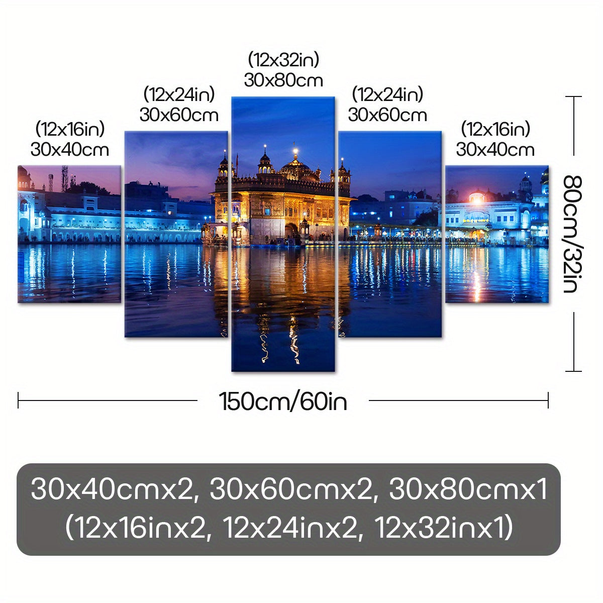 5pcs Wooden Framed Famous Architectural Scenery India Amritsar Golden Temple Canvas, Fashion Poster, Art for Home Decoration, Pattern Wall Art Decor, for Living Room, Bedroom, Office, Restaurant, Bar Wall Decor, Waterproof, P