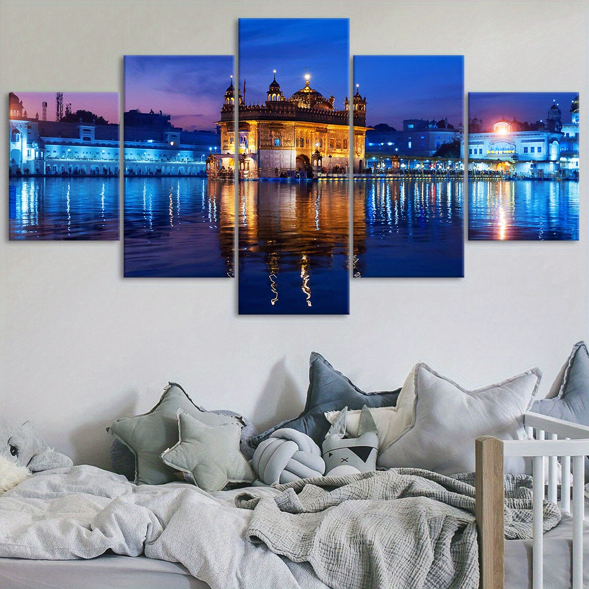 5pcs Wooden Framed Famous Architectural Scenery India Amritsar Golden Temple Canvas, Fashion Poster, Art for Home Decoration, Pattern Wall Art Decor, for Living Room, Bedroom, Office, Restaurant, Bar Wall Decor, Waterproof, P