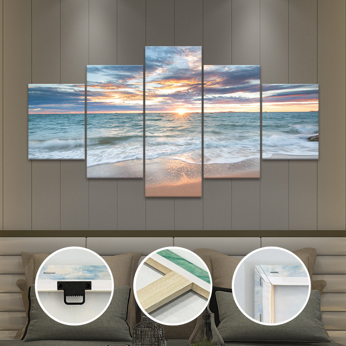 [Wood Framed Coastal Scenery Art] 5pcs Classic Wood Framed Seaside Sunset Canvas Art Set - Odorless, Waterproof, Landscape Wall Hanging Decor - for Home, Office, Restaurant, Bar