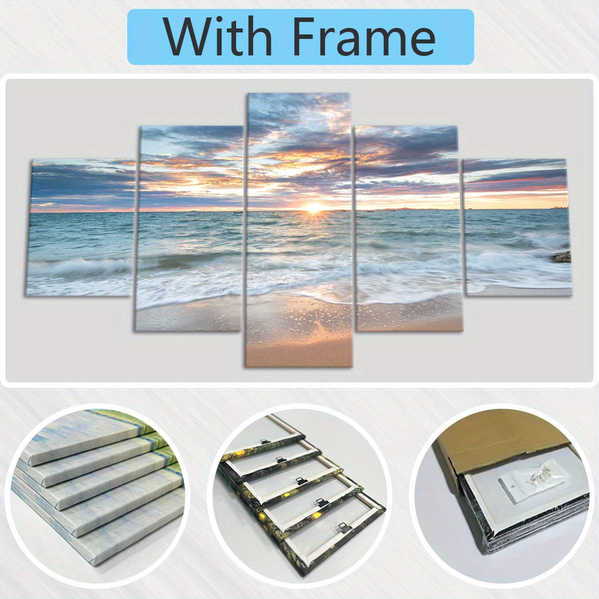 [Wood Framed Coastal Scenery Art] 5pcs Classic Wood Framed Seaside Sunset Canvas Art Set - Odorless, Waterproof, Landscape Wall Hanging Decor - for Home, Office, Restaurant, Bar
