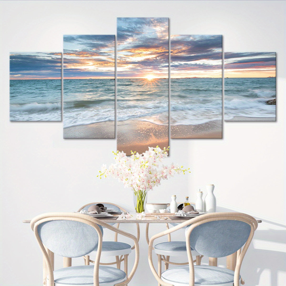 [Wood Framed Coastal Scenery Art] 5pcs Classic Wood Framed Seaside Sunset Canvas Art Set - Odorless, Waterproof, Landscape Wall Hanging Decor - for Home, Office, Restaurant, Bar