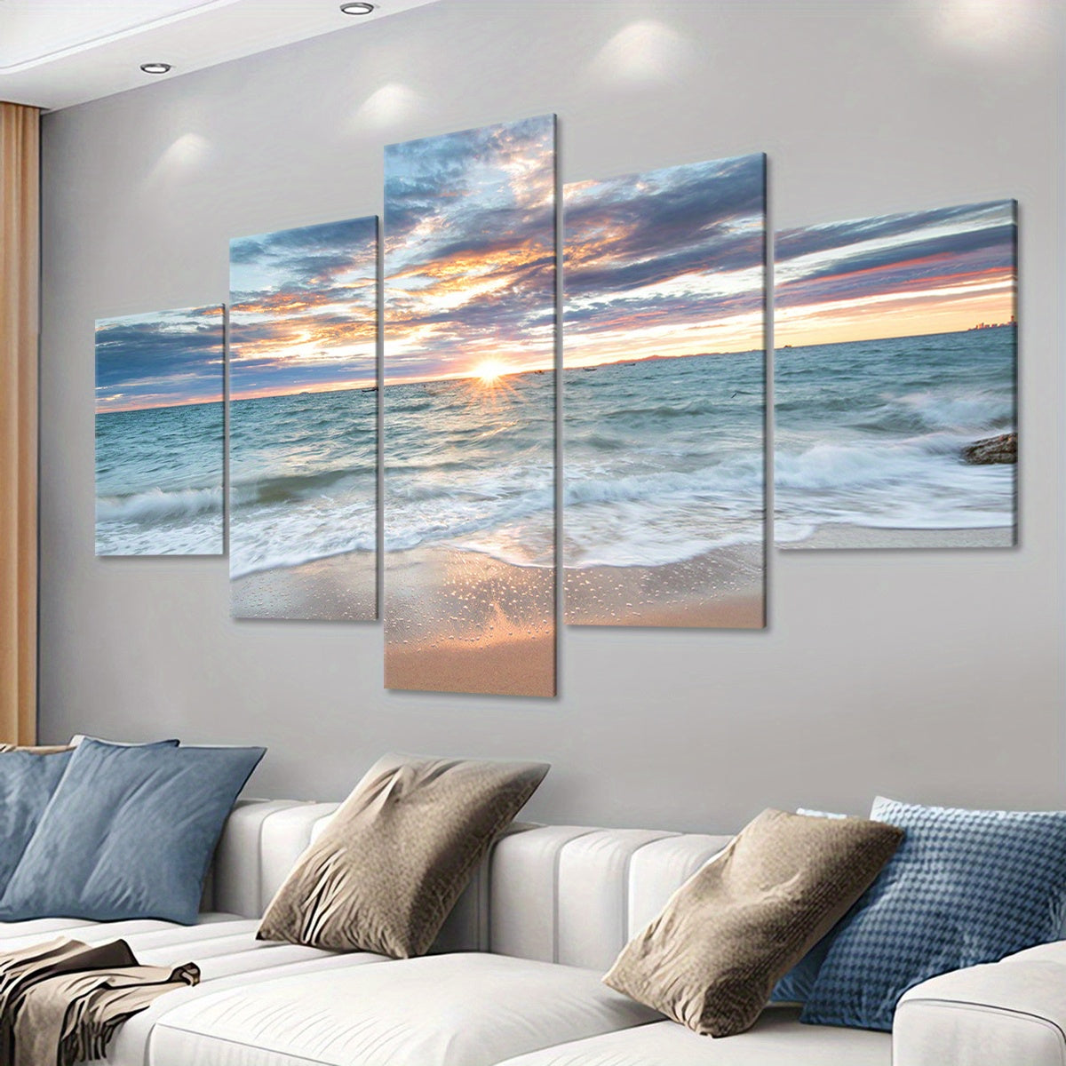 [Wood Framed Coastal Scenery Art] 5pcs Classic Wood Framed Seaside Sunset Canvas Art Set - Odorless, Waterproof, Landscape Wall Hanging Decor - for Home, Office, Restaurant, Bar