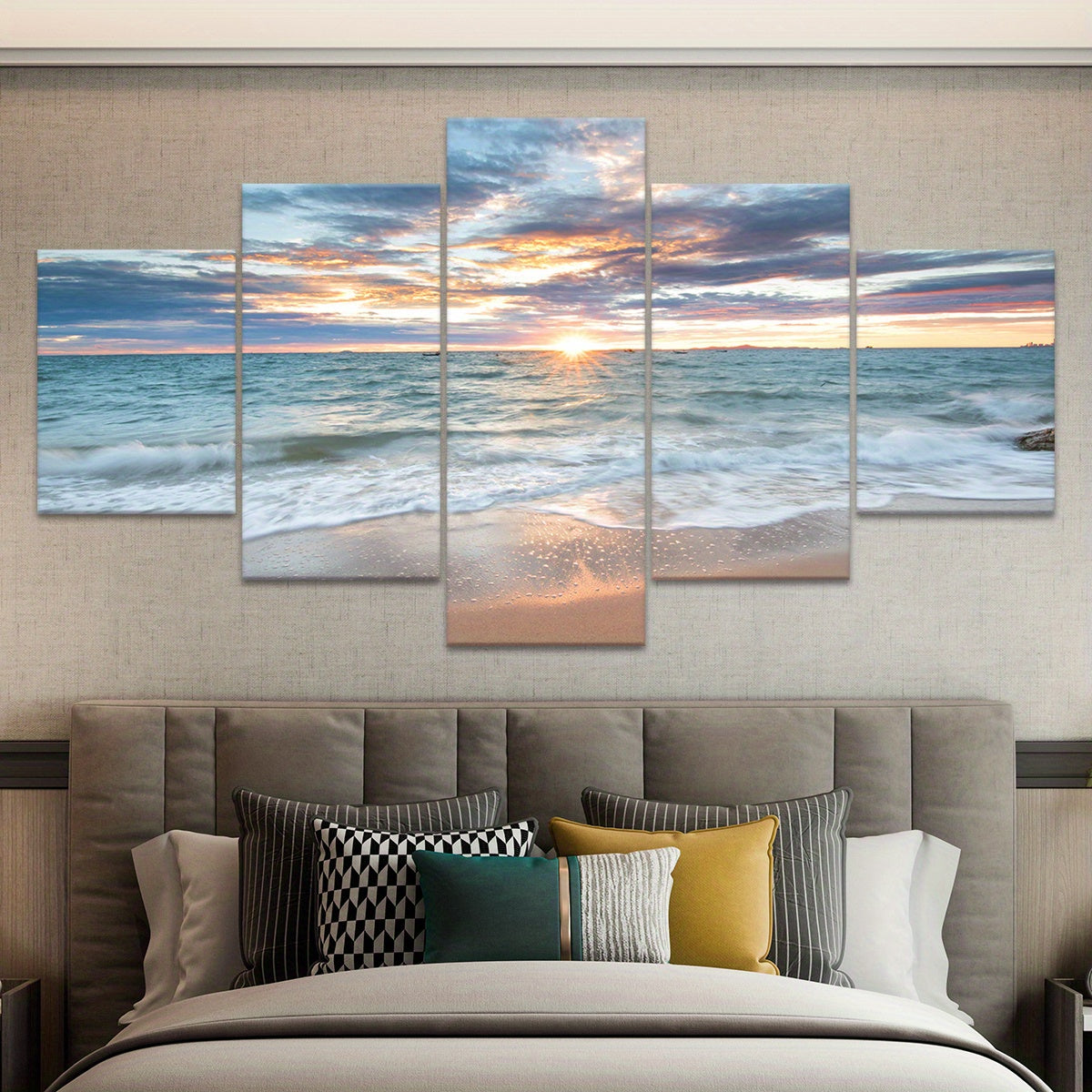 [Wood Framed Coastal Scenery Art] 5pcs Classic Wood Framed Seaside Sunset Canvas Art Set - Odorless, Waterproof, Landscape Wall Hanging Decor - for Home, Office, Restaurant, Bar