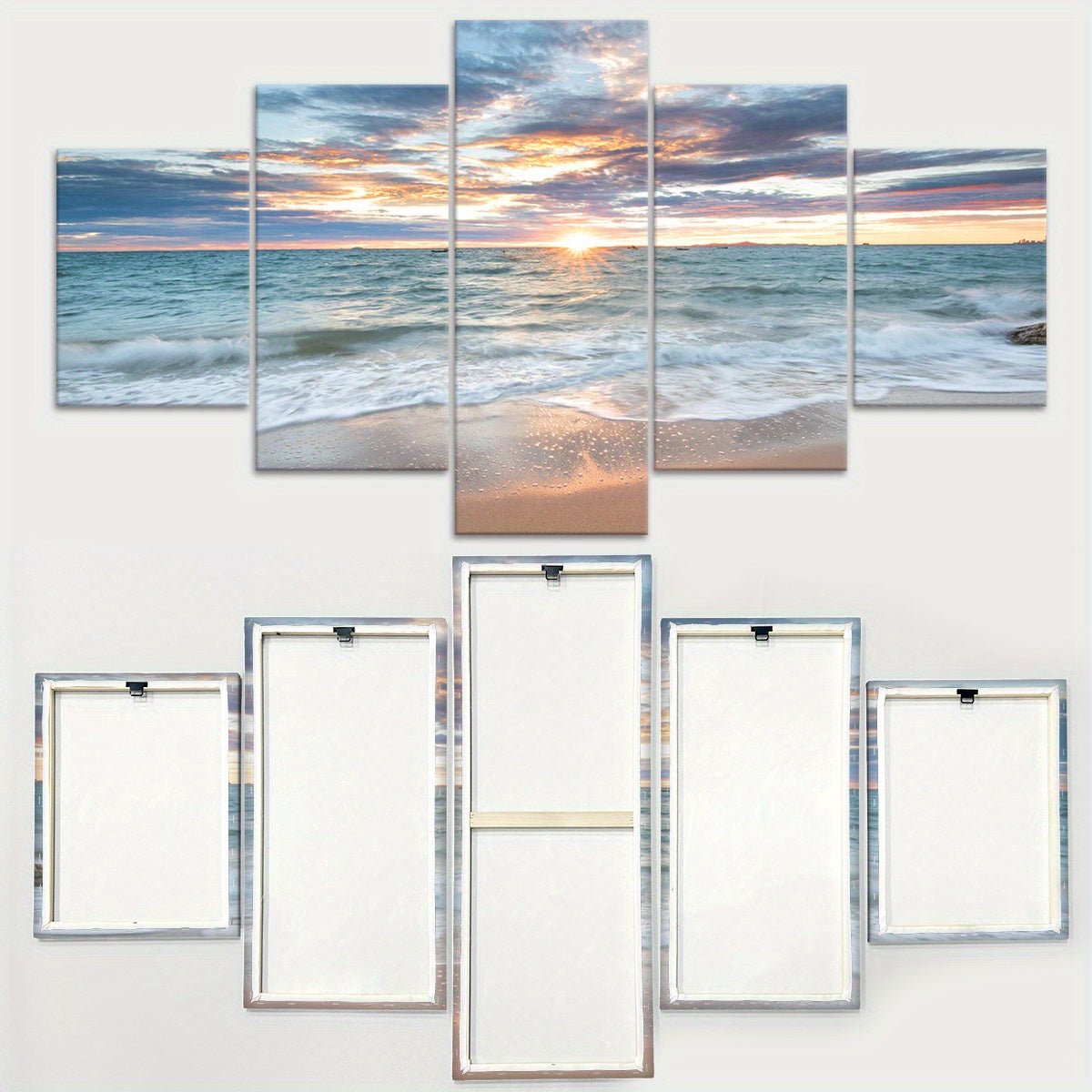 [Wood Framed Coastal Scenery Art] 5pcs Classic Wood Framed Seaside Sunset Canvas Art Set - Odorless, Waterproof, Landscape Wall Hanging Decor - for Home, Office, Restaurant, Bar