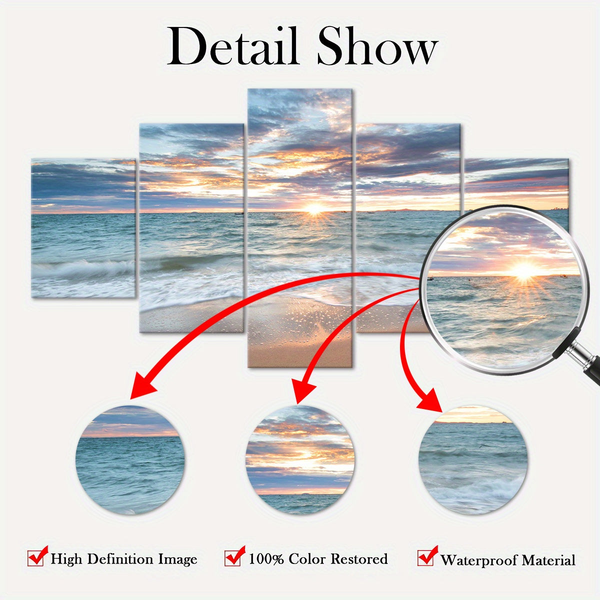 [Wood Framed Coastal Scenery Art] 5pcs Classic Wood Framed Seaside Sunset Canvas Art Set - Odorless, Waterproof, Landscape Wall Hanging Decor - for Home, Office, Restaurant, Bar