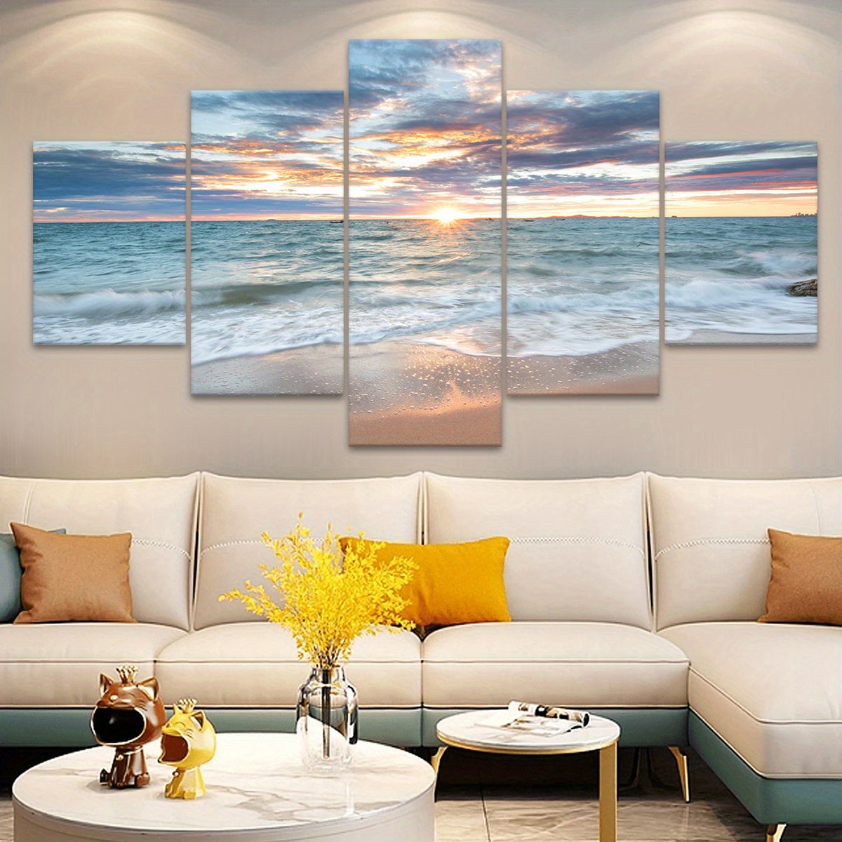 [Wood Framed Coastal Scenery Art] 5pcs Classic Wood Framed Seaside Sunset Canvas Art Set - Odorless, Waterproof, Landscape Wall Hanging Decor - for Home, Office, Restaurant, Bar