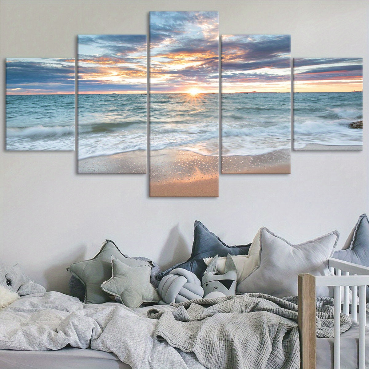 [Wood Framed Coastal Scenery Art] 5pcs Classic Wood Framed Seaside Sunset Canvas Art Set - Odorless, Waterproof, Landscape Wall Hanging Decor - for Home, Office, Restaurant, Bar