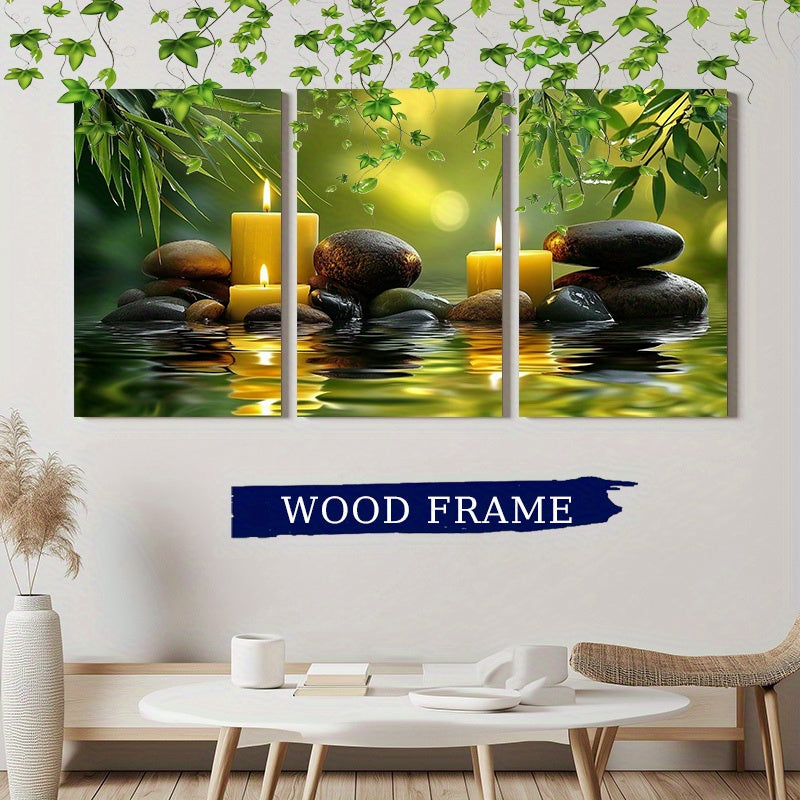 [3pcs Zen Canvas Art] 3pcs Green Zen Stone Spa Canvas Wall Art | Framed 12in * 16in | for Home Office Wall Decor Zen Bathroom Pictures Poster