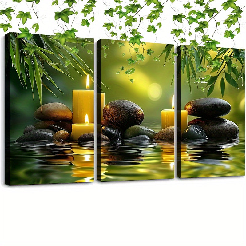 [3pcs Zen Canvas Art] 3pcs Green Zen Stone Spa Canvas Wall Art | Framed 12in * 16in | for Home Office Wall Decor Zen Bathroom Pictures Poster