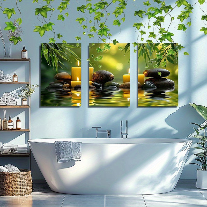 [3pcs Zen Canvas Art] 3pcs Green Zen Stone Spa Canvas Wall Art | Framed 12in * 16in | for Home Office Wall Decor Zen Bathroom Pictures Poster