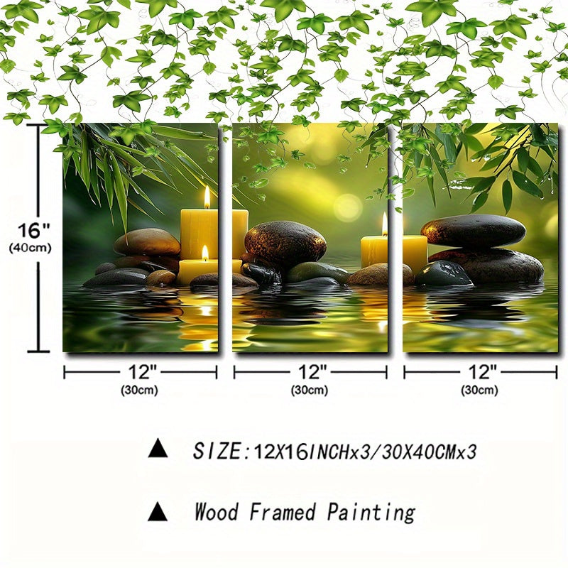 [3pcs Zen Canvas Art] 3pcs Green Zen Stone Spa Canvas Wall Art | Framed 12in * 16in | for Home Office Wall Decor Zen Bathroom Pictures Poster