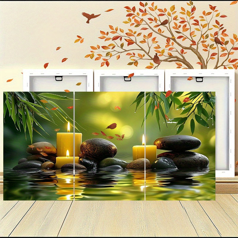 [3pcs Zen Canvas Art] 3pcs Green Zen Stone Spa Canvas Wall Art | Framed 12in * 16in | for Home Office Wall Decor Zen Bathroom Pictures Poster