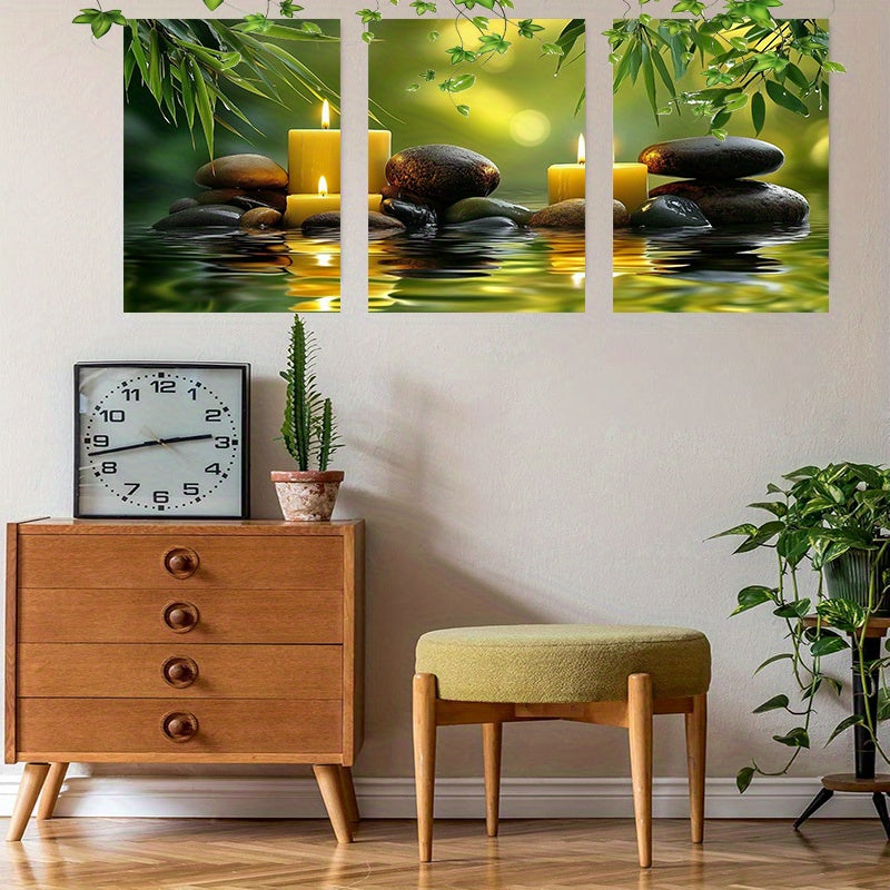 [3pcs Zen Canvas Art] 3pcs Green Zen Stone Spa Canvas Wall Art | Framed 12in * 16in | for Home Office Wall Decor Zen Bathroom Pictures Poster