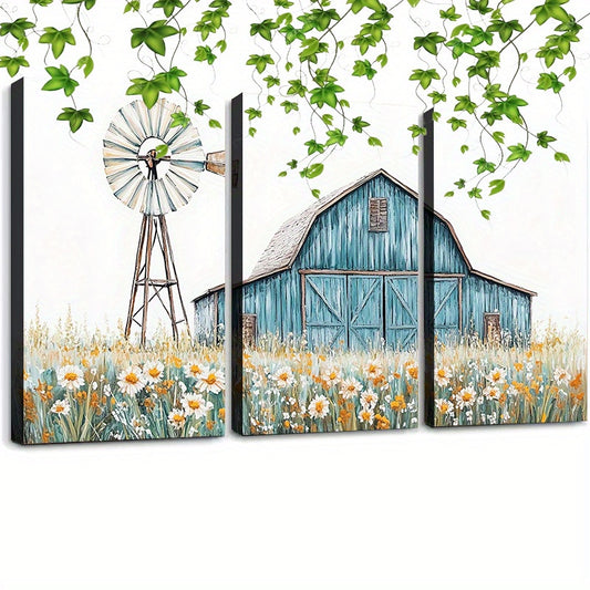 3pcs Vintage Teal Barn Canvas Wall Art Rustic Barn Picture Poster for Home Office Wall Decor, Framed 12in * 16in, Western Home Decor