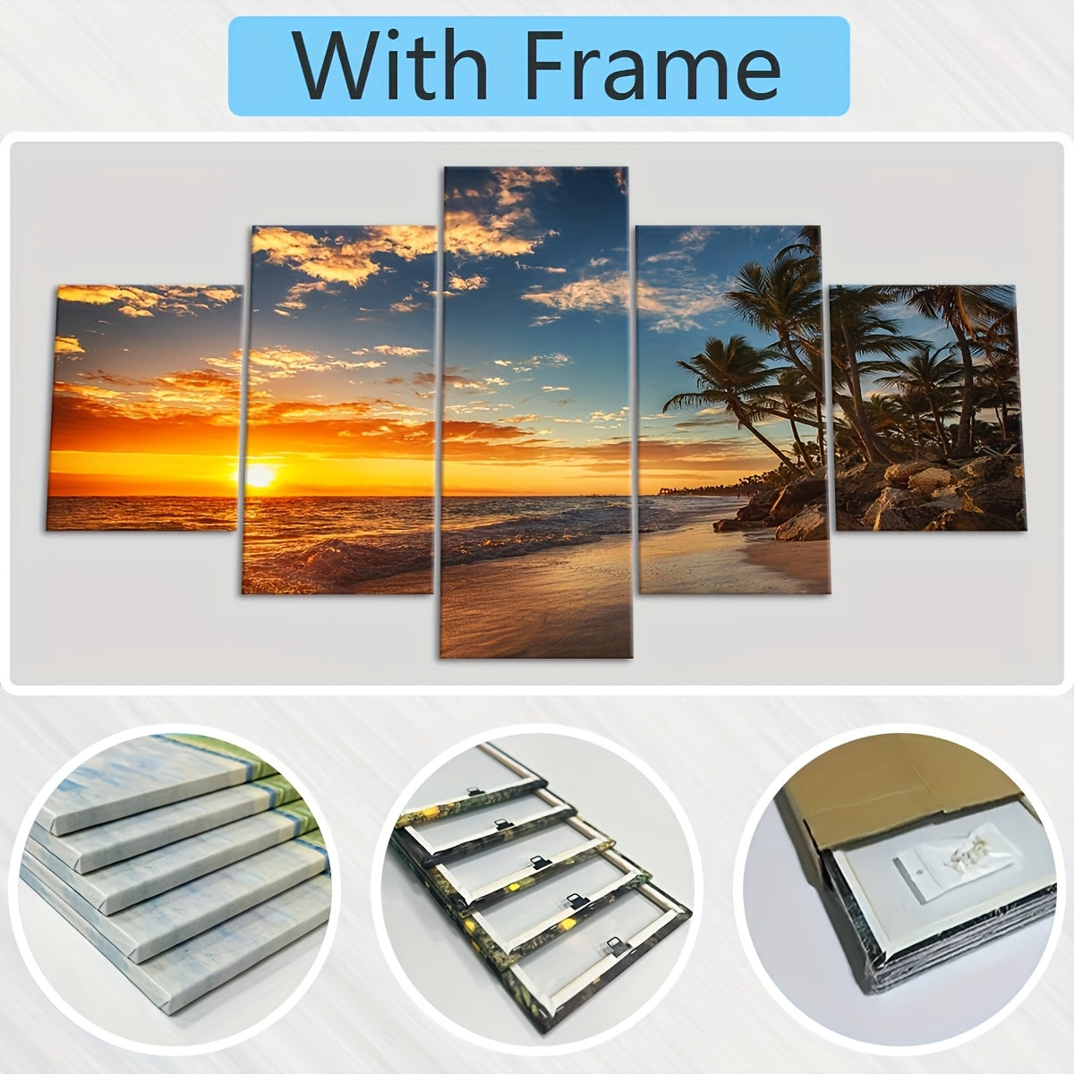 2D Flat, [2D FLAT] 5pcs Frame Sunset Sea View Beach Coconut Trees Canvas Poster, Five Panel Scene Art, Modular Picture, Modern Art, Ideal Decor for Bedroom Living Room Kitchen Dorm, Wall Decoration, Gift for Family Friends, M