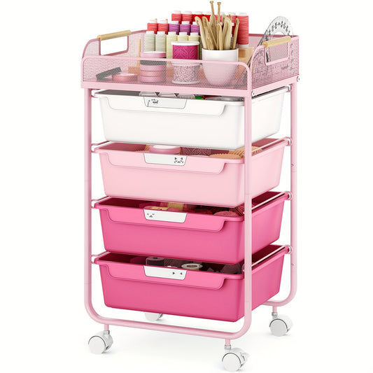 Pink Rolling Utility Cart with 4 Drawers & 4-Tier Mesh Top - Mobile Storage Organizer with 4pcs DIY Lable Drawers, Durable Metal Frame, 3.2 Cu Ft Capacity, Compact Under 27" Height for Office, Craft Room, Home Organization, S