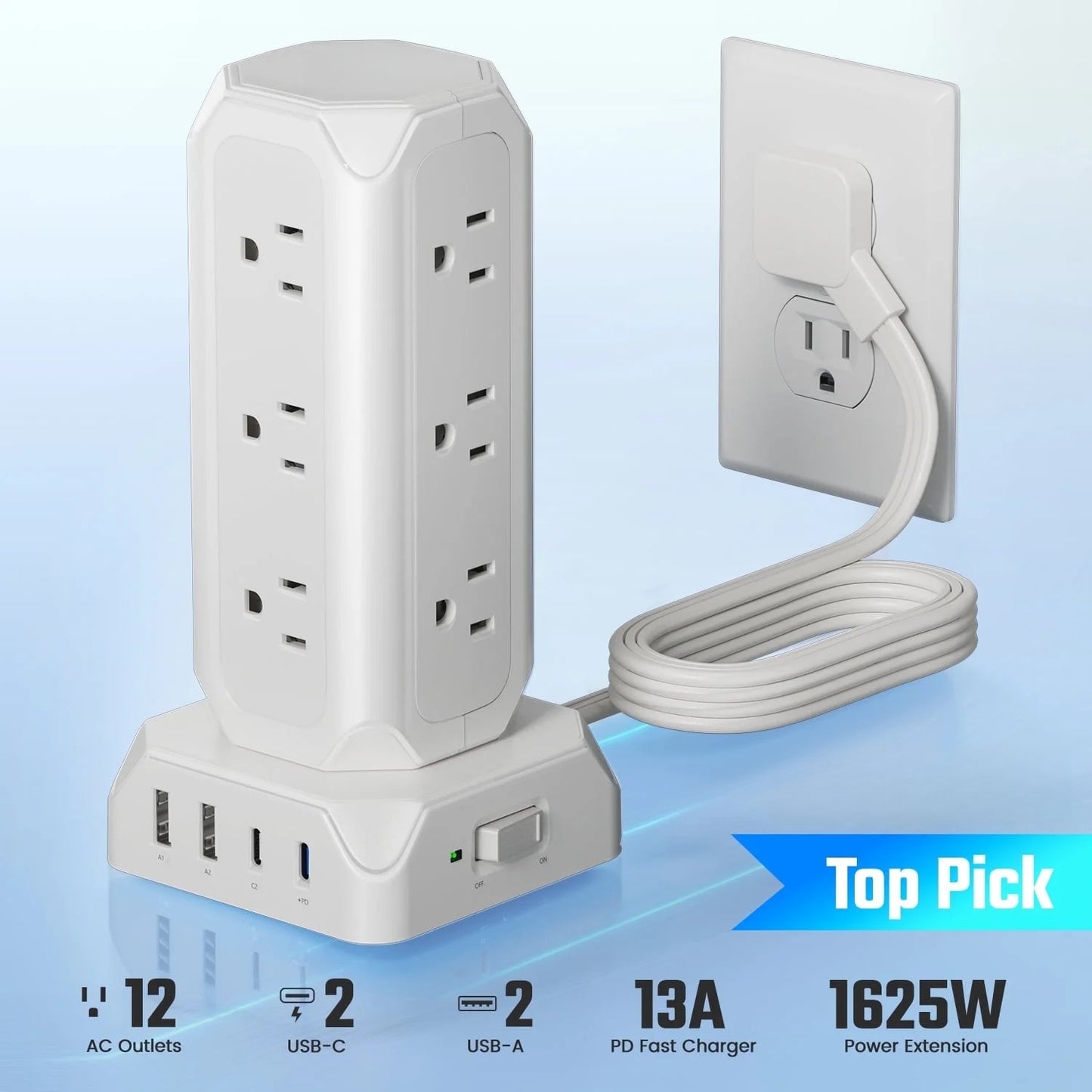 12 Outlets(1625W/13A) Power Strip Tower with 35W USB(2 USB-A & 2 USB-C) Charging Station, 20W PD Fast Charger, Surge Protector, 6.5/10/15ft Flat Plug Extension Cord with Multiple Outlets for Home, Office, Dorm, Multi Outlet P