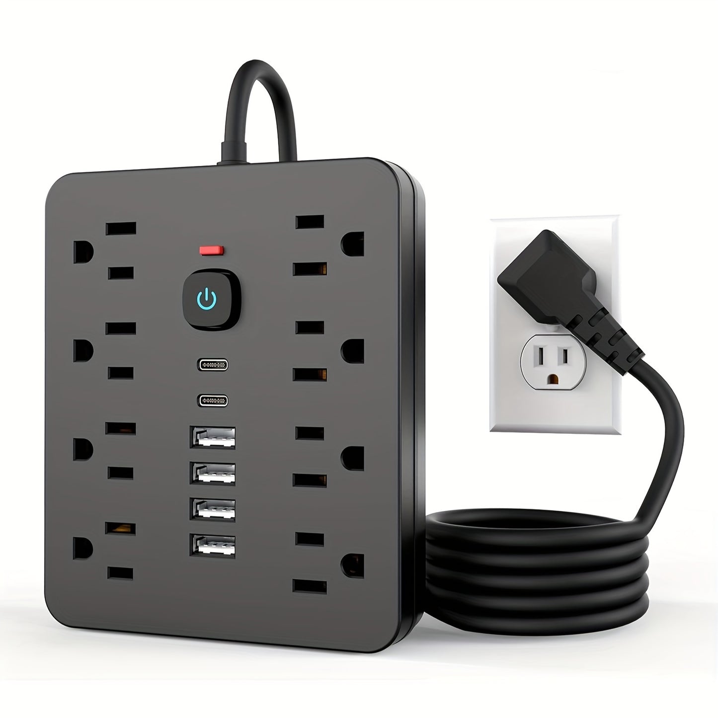 [Black Outlet Surge Protector] 14-in-1 Black Outlet with 8 Receptacles, 4 USB Ports, 2 USB-C Ports, 5/10ft Extension Cord, Flat Plug, Wall Mount, Overload Protection, Power Outlet Surge Protector - Ideal for Home and Office D