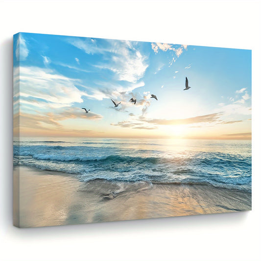 Ocean Beach Sunset Canvas Wall Art - 11.8"x15.7" Wooden Framed Print for Living Room, Bedroom, Kitchen & Office Decor - Perfect Christmas Gift, Canvas Painting, Home, for Her Him, Perfect for Room Decor
