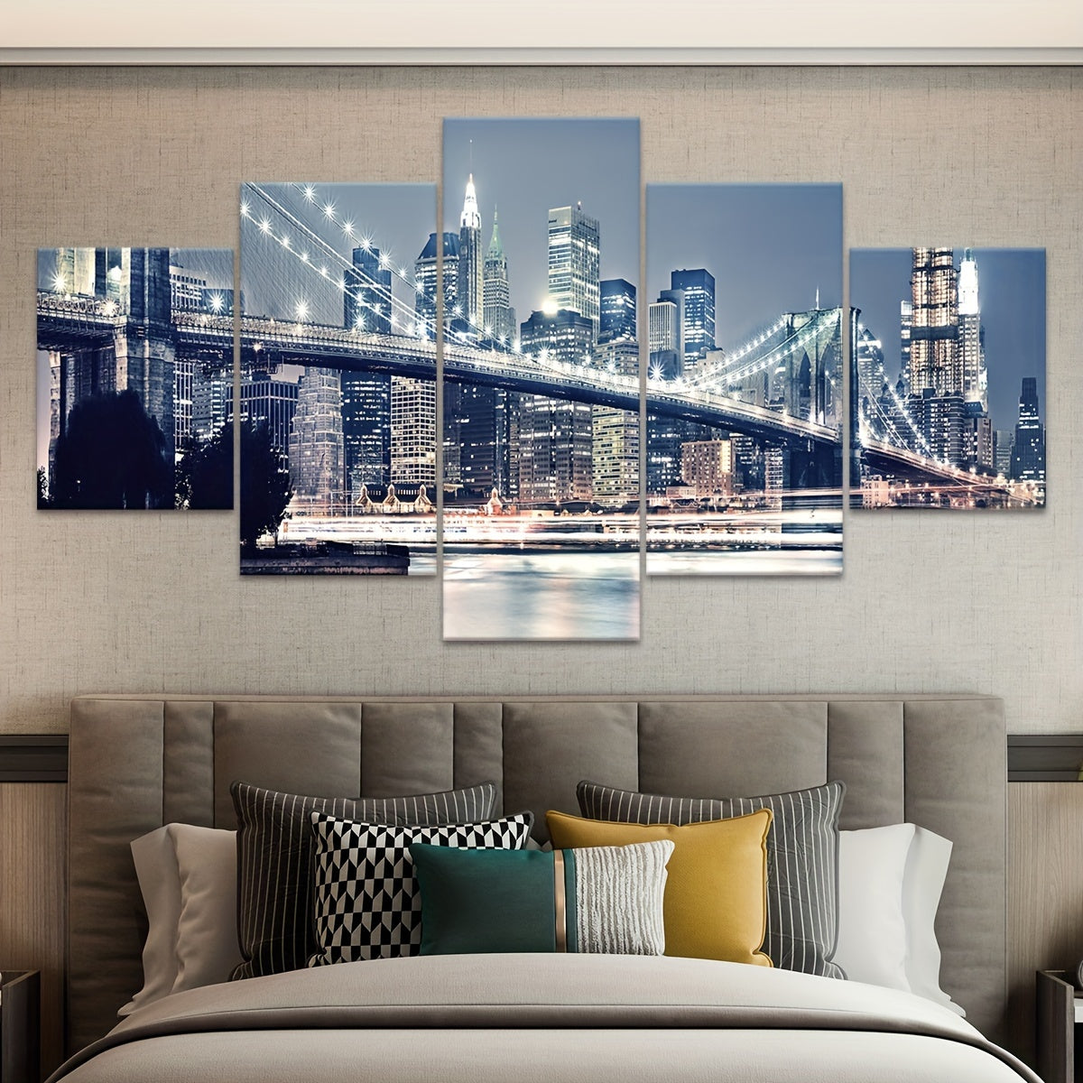 2D Flat, [2D FLAT] 5pcs Frame Urban Riverside Bridge Canvas Poster, Five Panel Scene Art, Modular Picture, Print Painting, Modern Art, Ideal Decor for Bedroom Living Room Kitchen Dorm, Wall Decoration, Gift for Family Friends