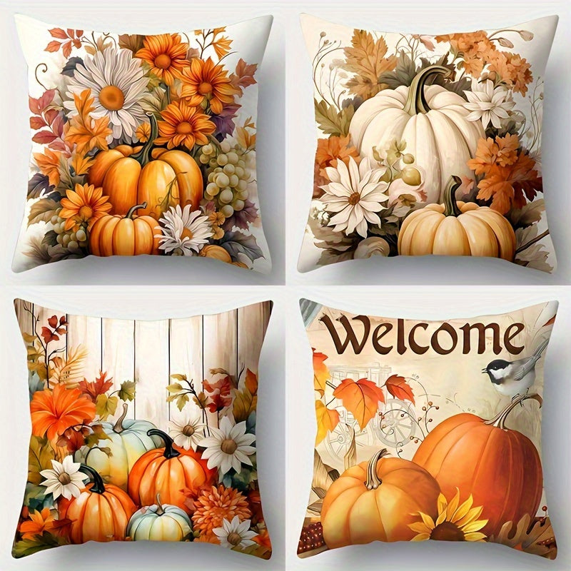 4pcs Autumn Harvest Pillow Pumpkin, Flower and Leaf Design, Country Style Printed Decorative Pillow, Suitable for Sofa, Bed, Living Room and Bedroom without Filling 14x14 16x16 18x18 20x20inch