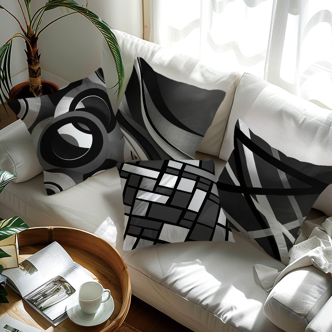 [Modern Geometric Pillow Covers] 4pcs Modern Geometric Abstract Throw Pillow Covers - 17.7x17.7 Inch Decorative Cushion Cases | Polyester Fabric, Zipper Closure, Machine Washable | Contemporary Style for Sofa, Couch & Home De