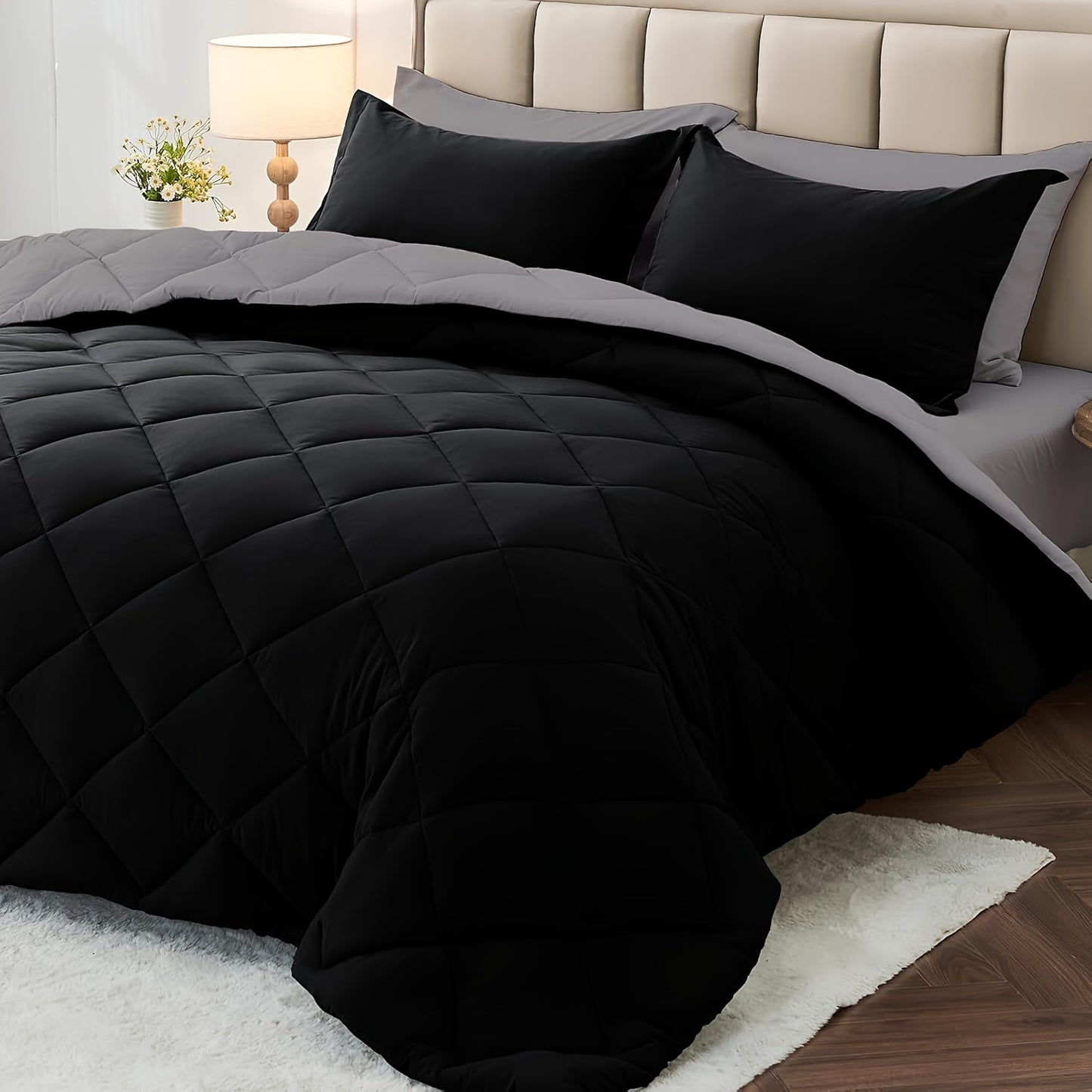 3pcs Solid Colour Checkered Comforter Set - Soft Microfiber, Lightweight, All-Season, Twin/Queen/King Size Bed In A Bag, Quilt Set with Breathable Fabric And Easy Care