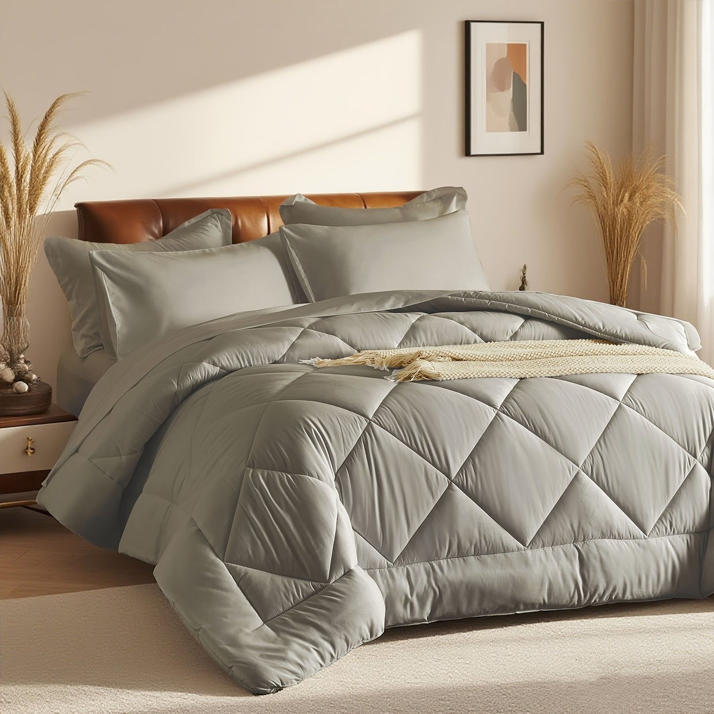 5pcs or 7pcs Geometric Quilted Rectangular Comforter Sets Queen - Soft & Comfortable All-Season Bedding Set with Wrapped Mattress, High-End Hotel Dorm Decor, Includes Comforter Pillowcase, Flat Sheet, Fitted Sheet, Microfiber