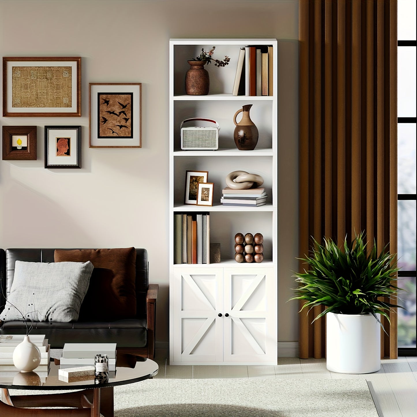 Modern Industrial 6-Tier Bookcase with Cabinet Doors - White & Black Wood Storage Shelf Unit, Space-Saving Floor Cabinet with Spacious Top Shelf, Easy Assembly, Sturdy -Tip Design for Living Room, Office, Bedroom - Multi-Purp