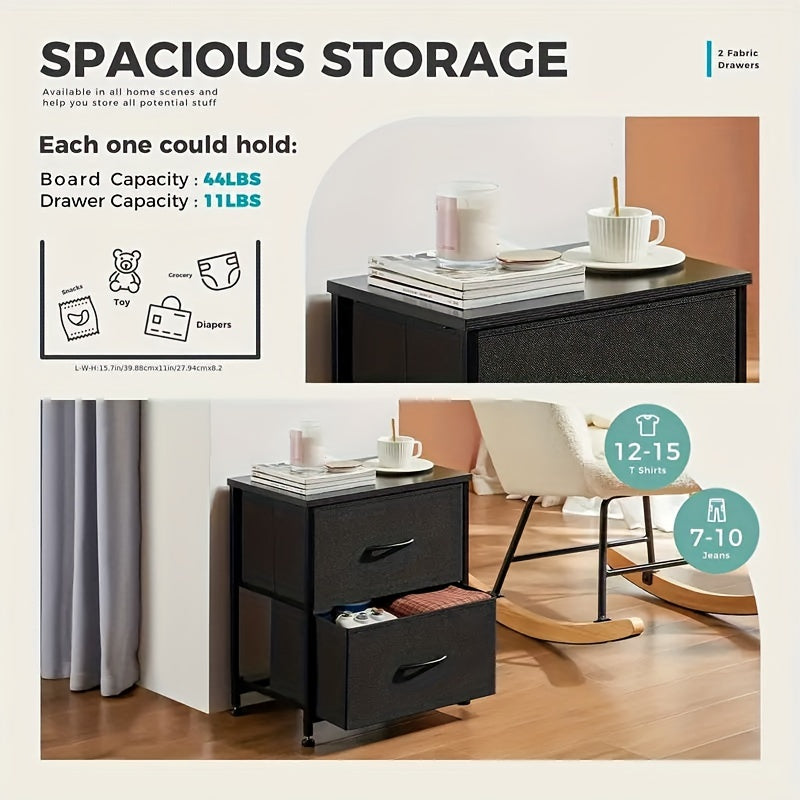 OLIXIS Set Of 2 Nightstand With 2 Storage Drawers, 20" Height Small Furniture End Table, Wooden Top Fabric Cabinet Night Stand Mini Dresser, Office Storage Cabinet, Suitable For Office
