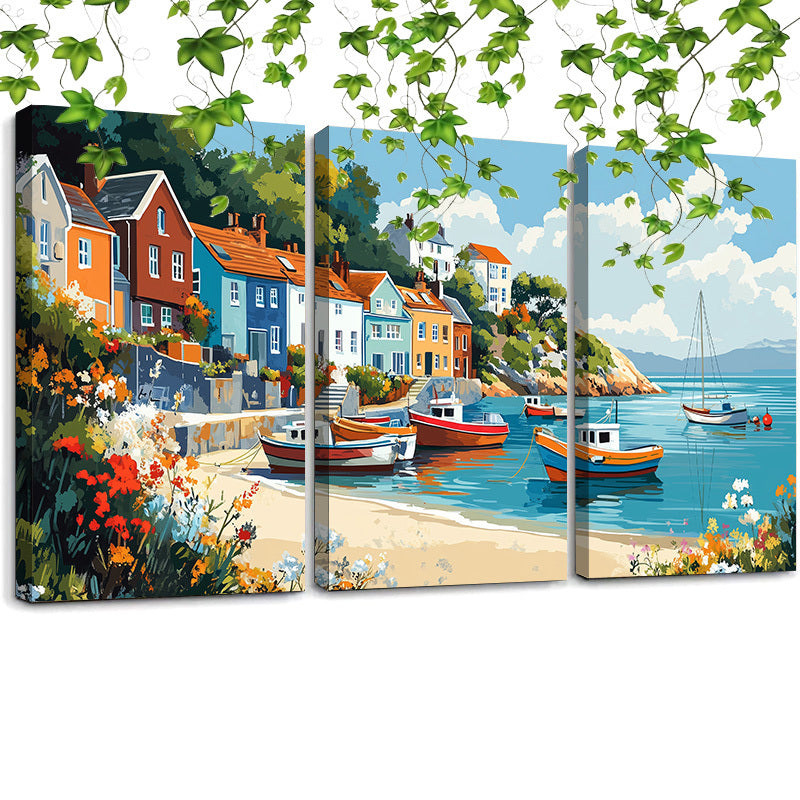 Coastal Village Canvas Wall Art - 3pcs Framed Boat and Seaside Town Print Set - 12x16 Inch Ready to Hang Paintings for Living Room, Dining Area Decoration
