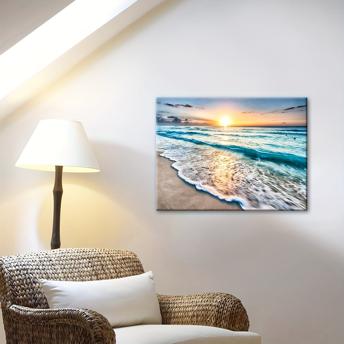 1pc Sunset by the Sea Canvas Art Print with Wooden Frame - Vibrant Ocean Sunset Wall Decor for Living Room, Bedroom, Kitchen, or Bar - Waterproof, High-Quality Ink on Canvas, Perfect for Modern Home Decoration, Beach Theme De