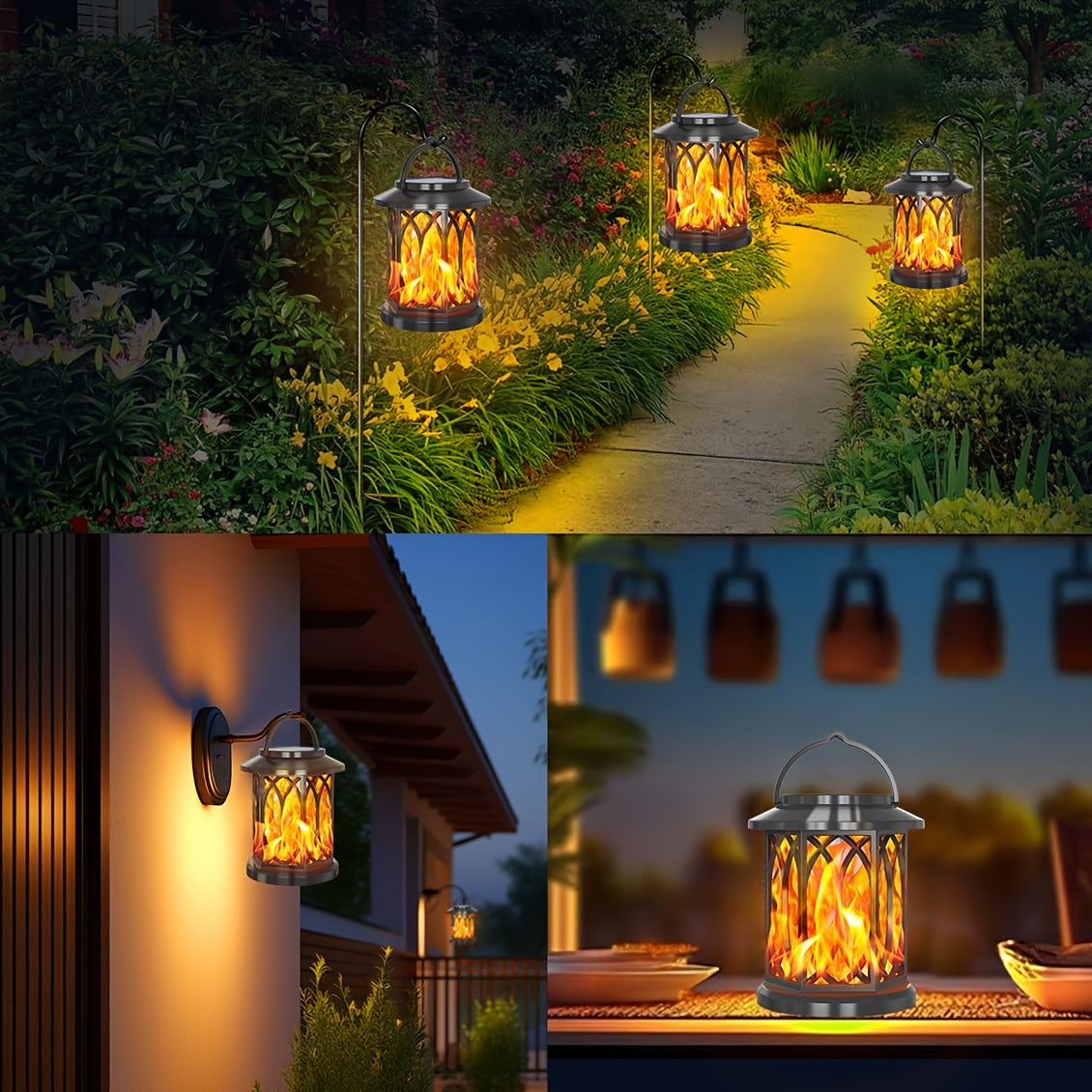 2pcs Solar Lantern Lights Outdoor, Upgraded Flickering Flame Effect,, Hanging Solar Powered Lanterns for Yard and Garden Decor, Black and Bronze, Outdoor Lights