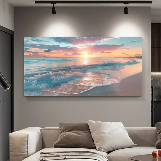 1pc Beach Sunset Ocean Waves painting package wooden frame home decor Canvas artworks, modern minimalist artworks for Easter, Mother's Day, spring decoration, living room, bedroom, office, kitchen, and dining room