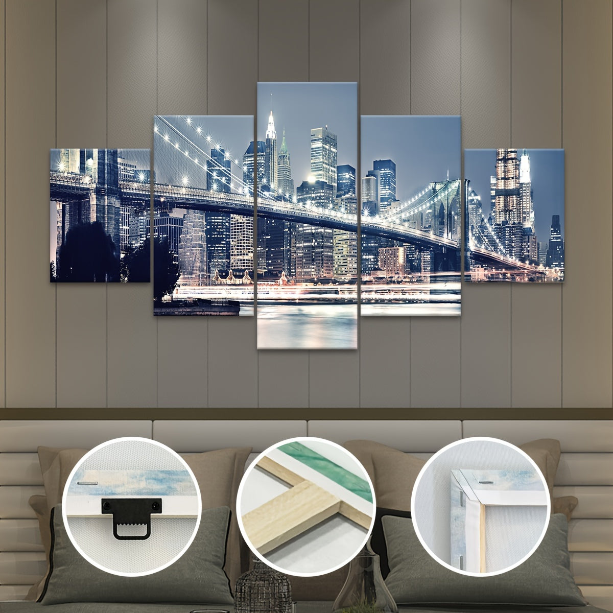 2D Flat, [2D FLAT] 5pcs Frame Urban Riverside Bridge Canvas Poster, Five Panel Scene Art, Modular Picture, Print Painting, Modern Art, Ideal Decor for Bedroom Living Room Kitchen Dorm, Wall Decoration, Gift for Family Friends
