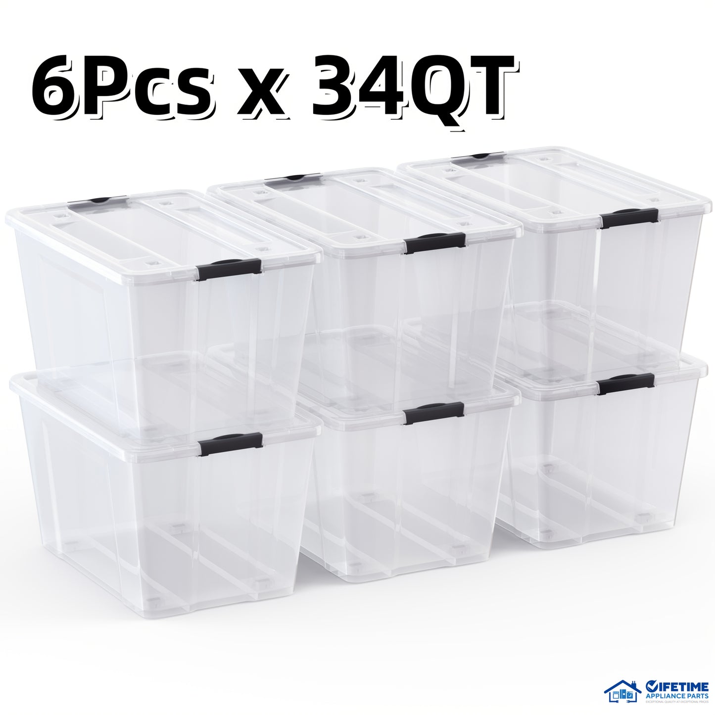 6pcs/set 34QT/54QT/75QT, [Upgraded Version] With Lid Storage Box, Super Durable Lid And Safety Buckle - Super Transparent, Toy Stackable Book, Clothing Storage Container, Closet, Wardrobe, Bedroom, Bathroom, Office Home Plast