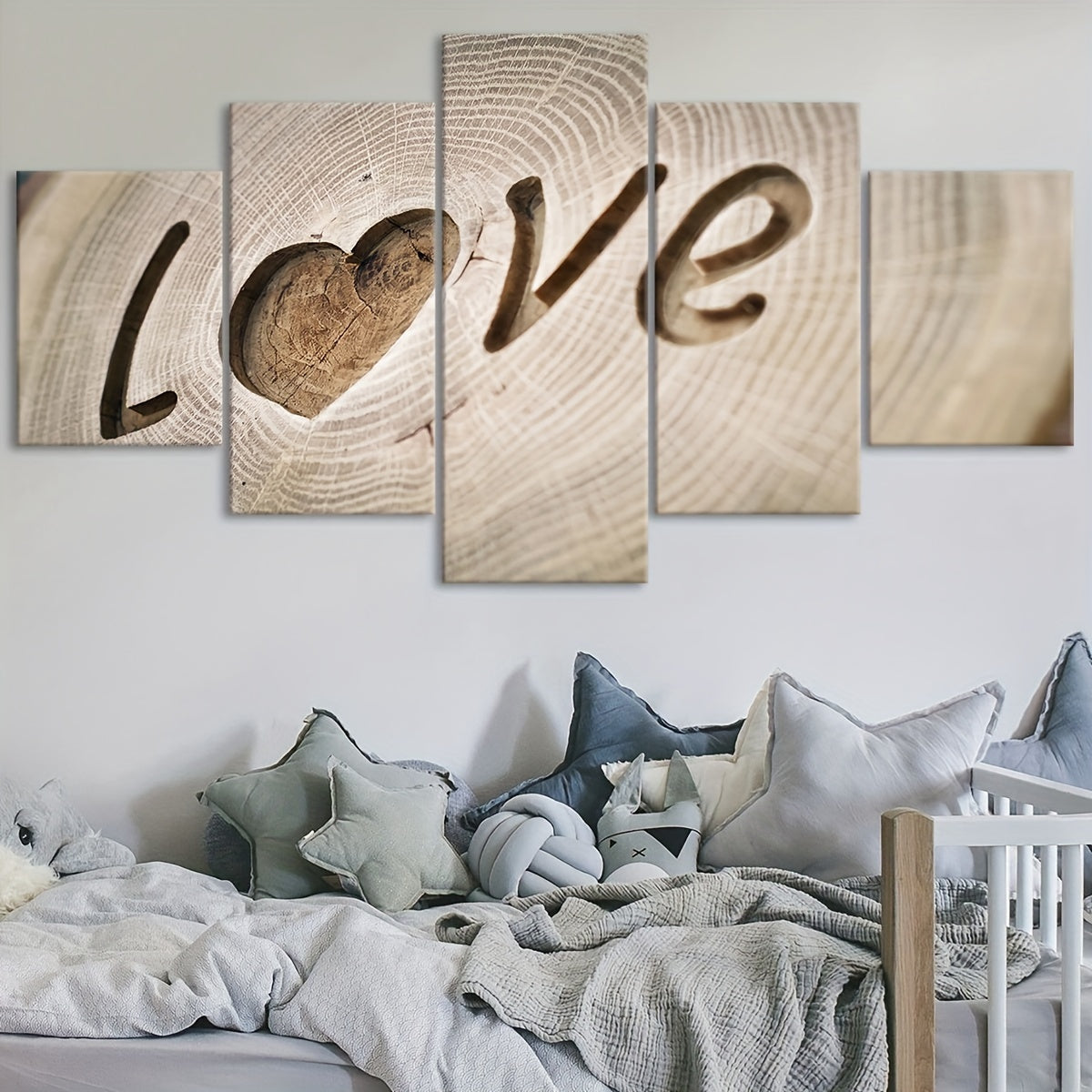 5pcs Love Tree Ring Canvas Art Set - Modern Wood Engraved Wall Decor, Waterproof & Odorless, Ideal for Bedroom, Living Room, Kitchen, Dorm - Perfect Gift for Family & Friends, Living Room Art|Modern Wall Art|Waterproof Print,