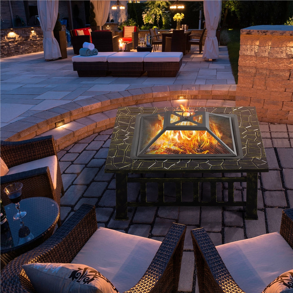 Costoffs Halloween 32in/34in Outdoor Multi-functional Fire Pit Wood Fire Pit Table for Patio Camping Square Firepit for Barbecue, Heating, Cooling w/Cover, Poker